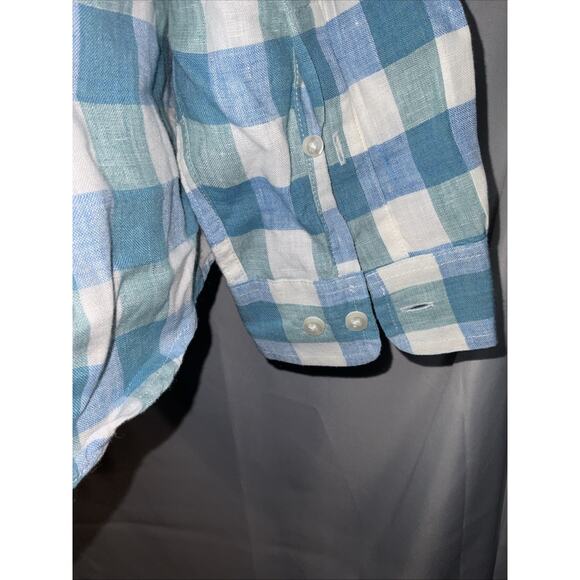 LL Bean Shirt Men Large 100% Linen Windowpane Plaid Button Down Blue - Picture 3 of 11